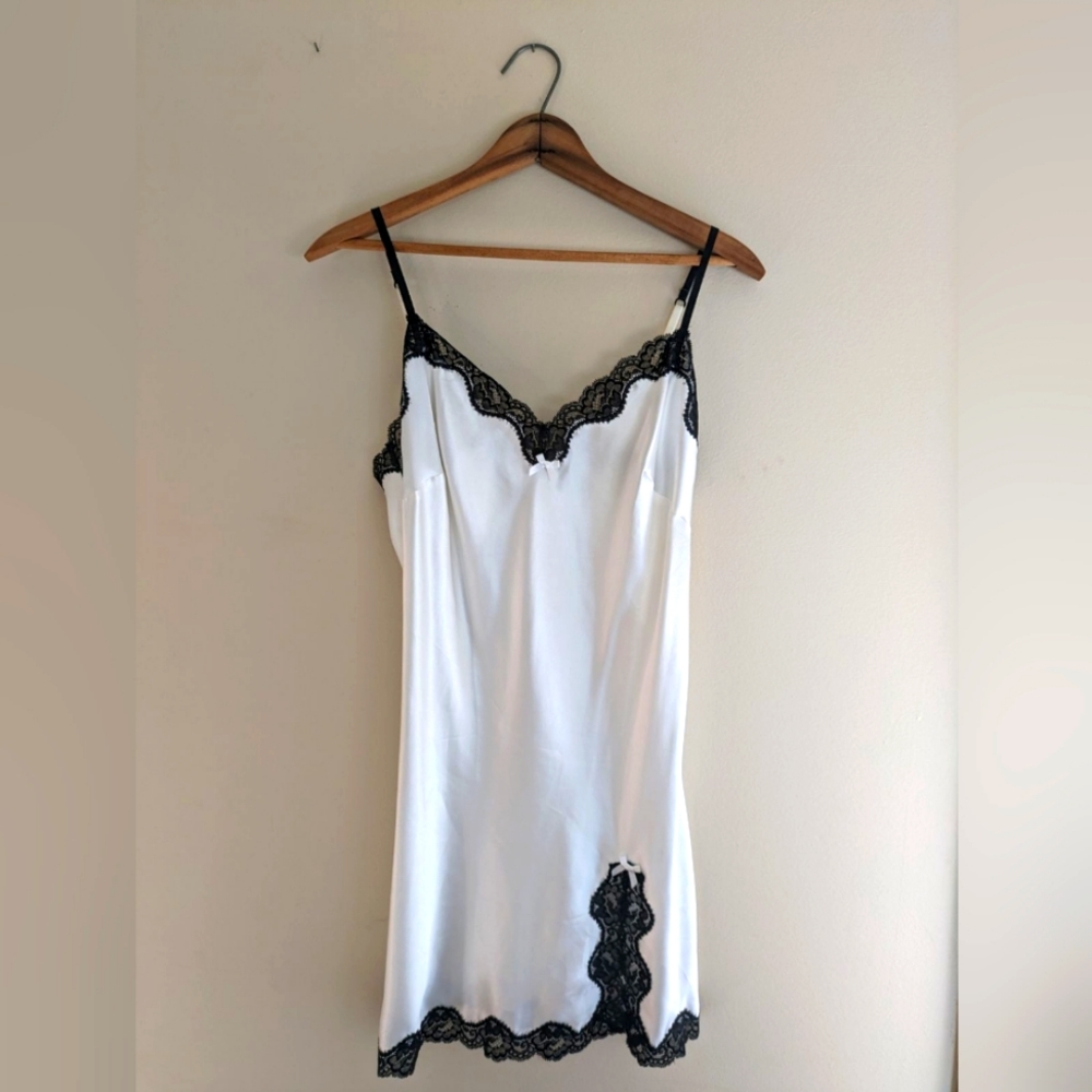 Victoria's Secret White Satiny/Silky Slip Mini Dress with Black Lace Trim (M)